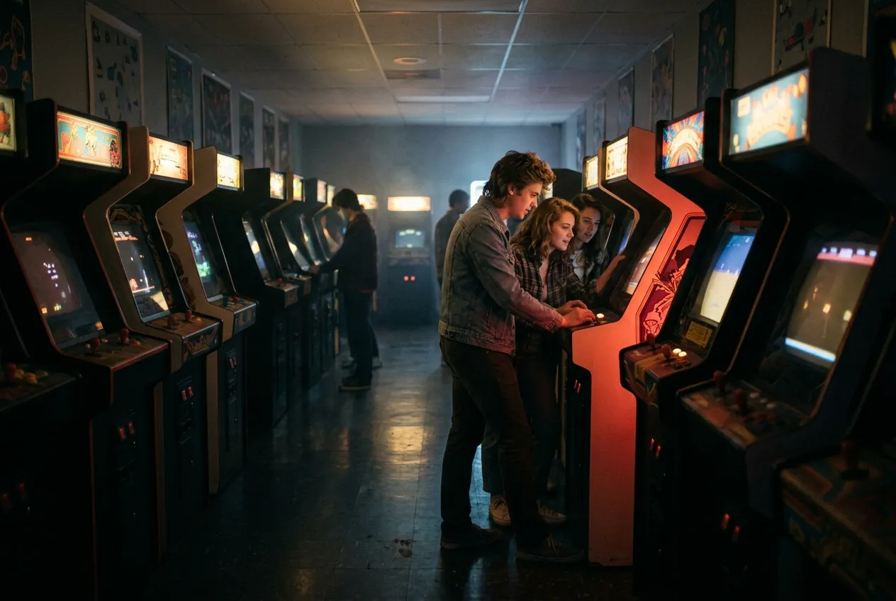 A dark 1990s amusement arcade lit by glowing cabinets, two players at a machine